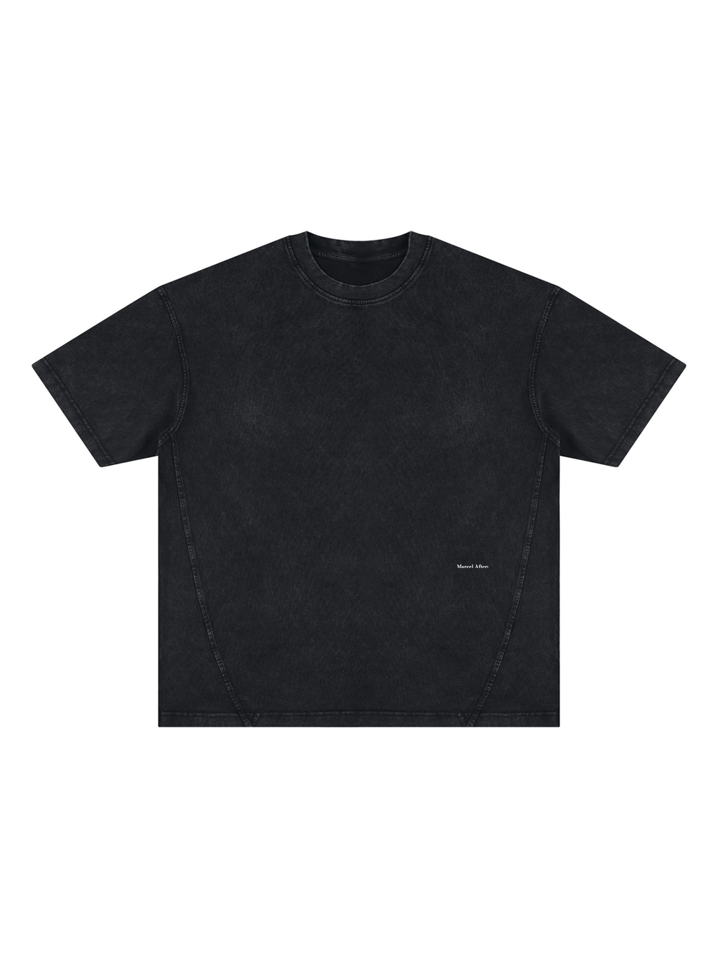 Unisex vintage wash paneling t-shirt in Black, front view on white. Marcel Afters
