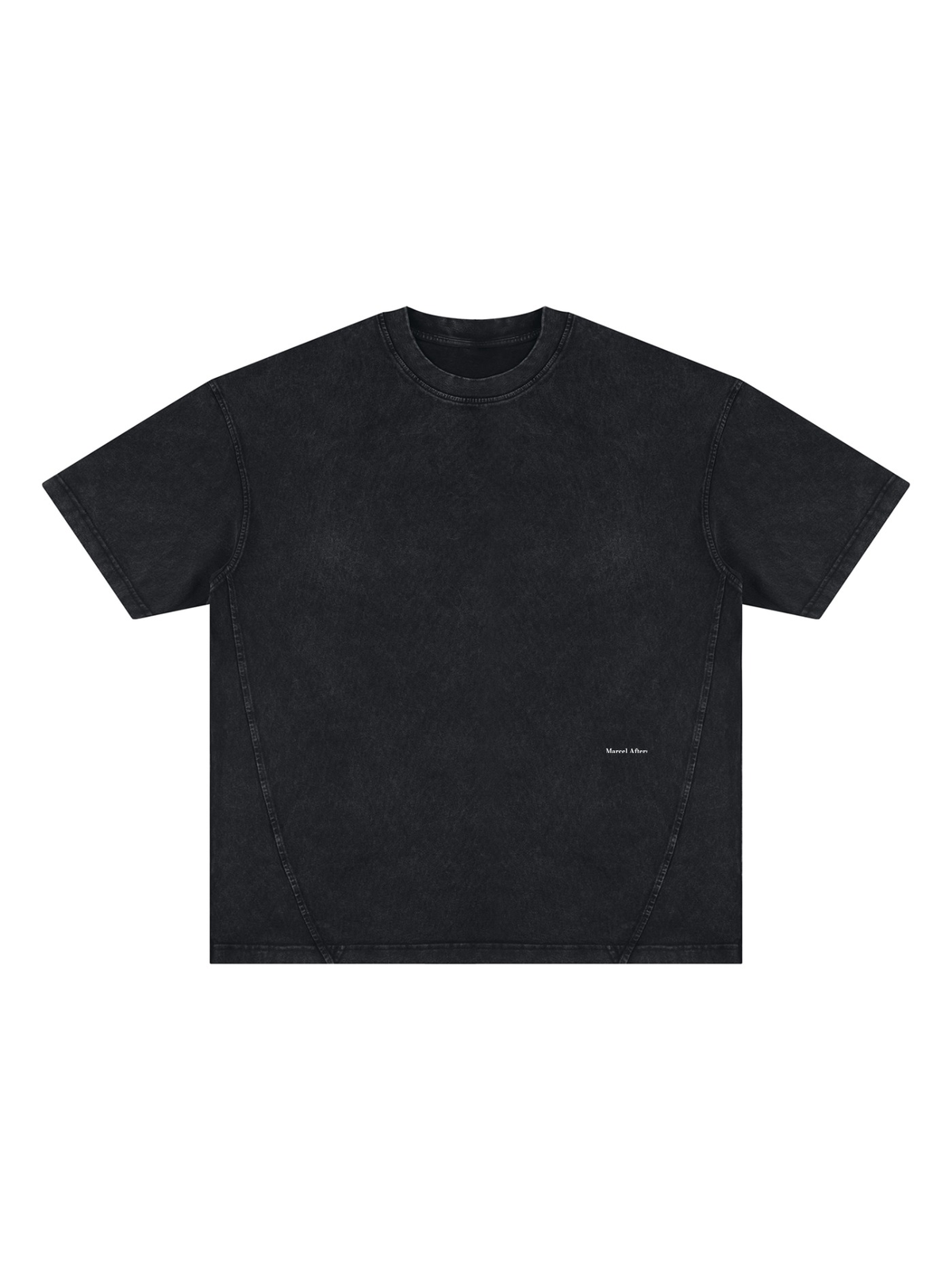 Unisex vintage wash paneling t-shirt in Black, front view on white. Marcel Afters