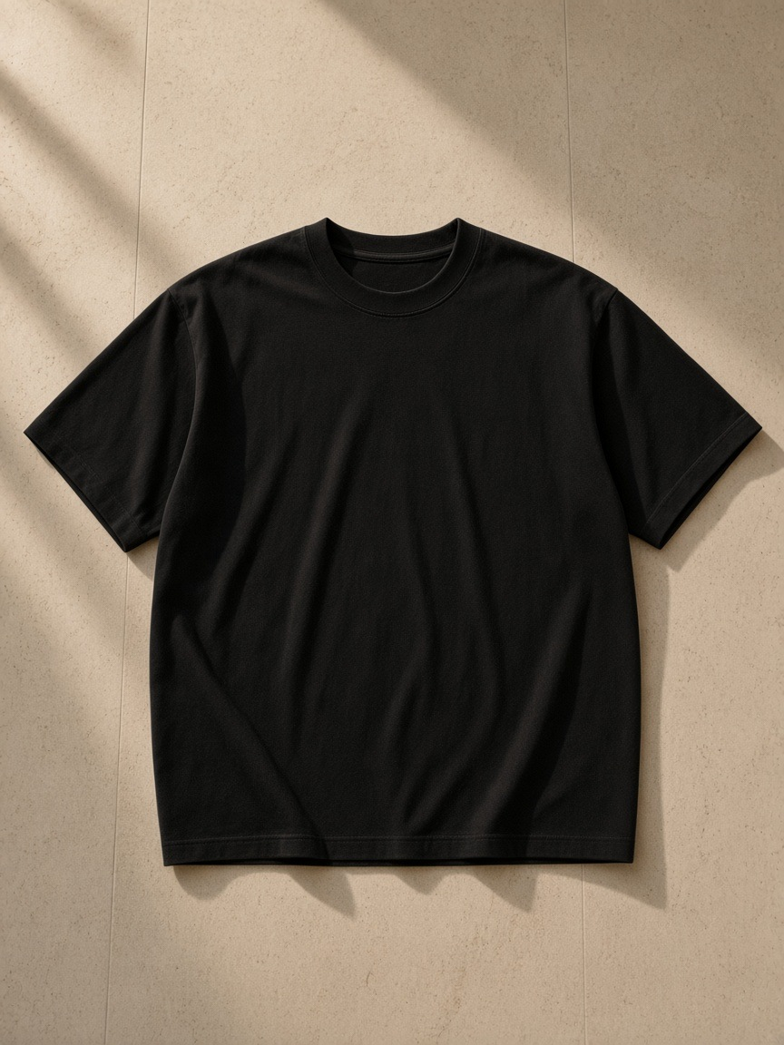 Unisex vintage wash paneling t-shirt in Black, laid flat on pale limestone