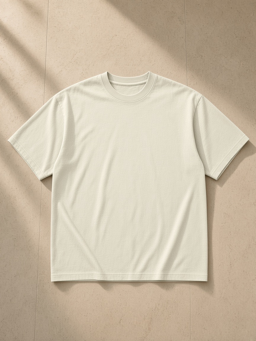Enzyme Washed T-Shirt in Apricot, laid flat on pale limestone