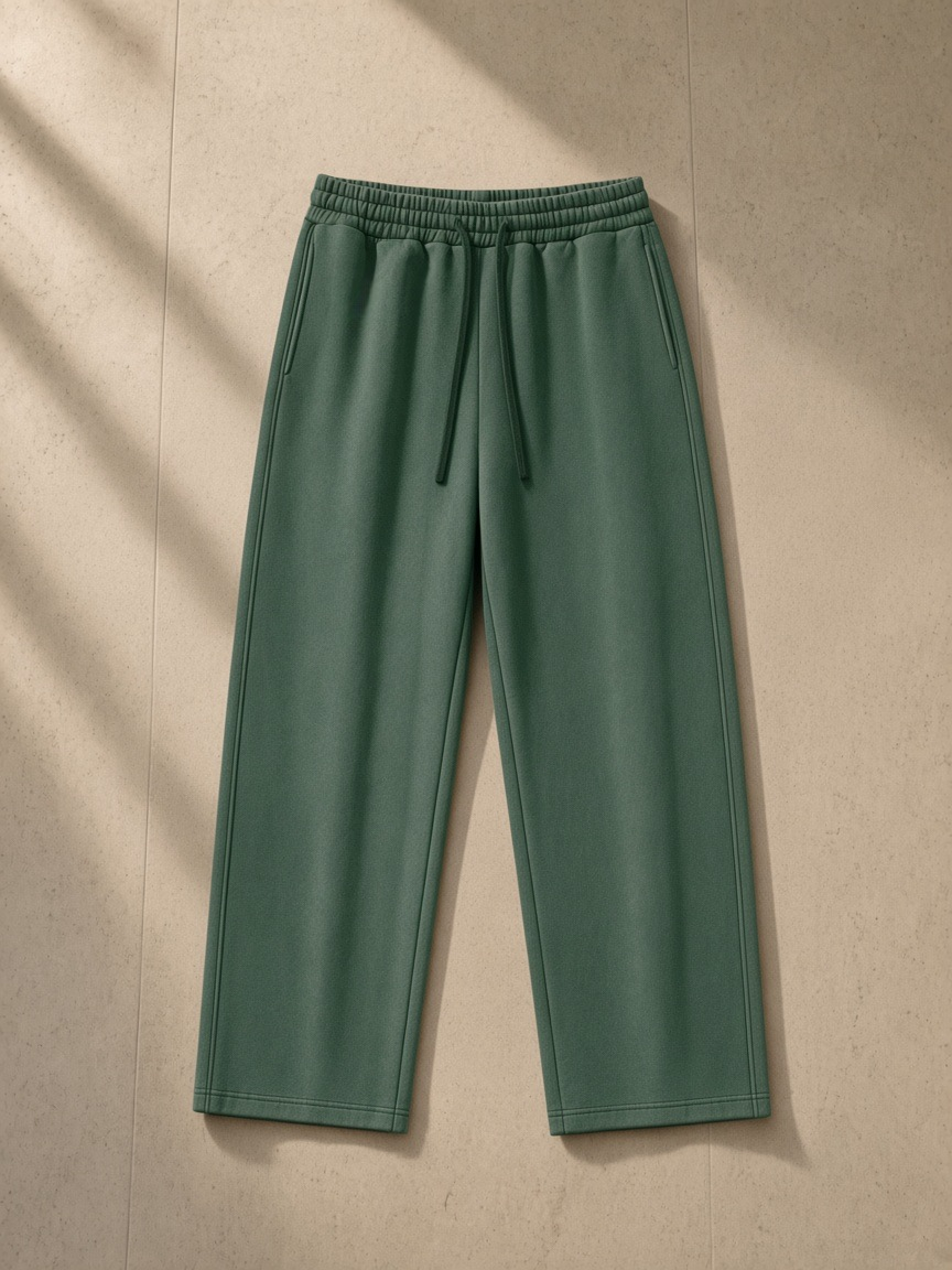 Vintage wash barrel leg fleece sweatpants in Dark Green, laid flat on pale limestone