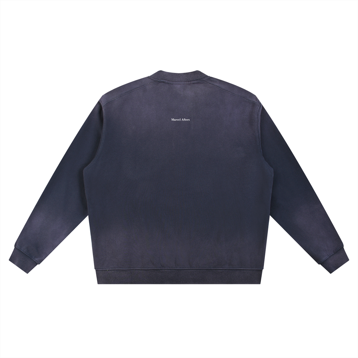 Sun fade heavyweight baseball jacket in Navy Blue, back view