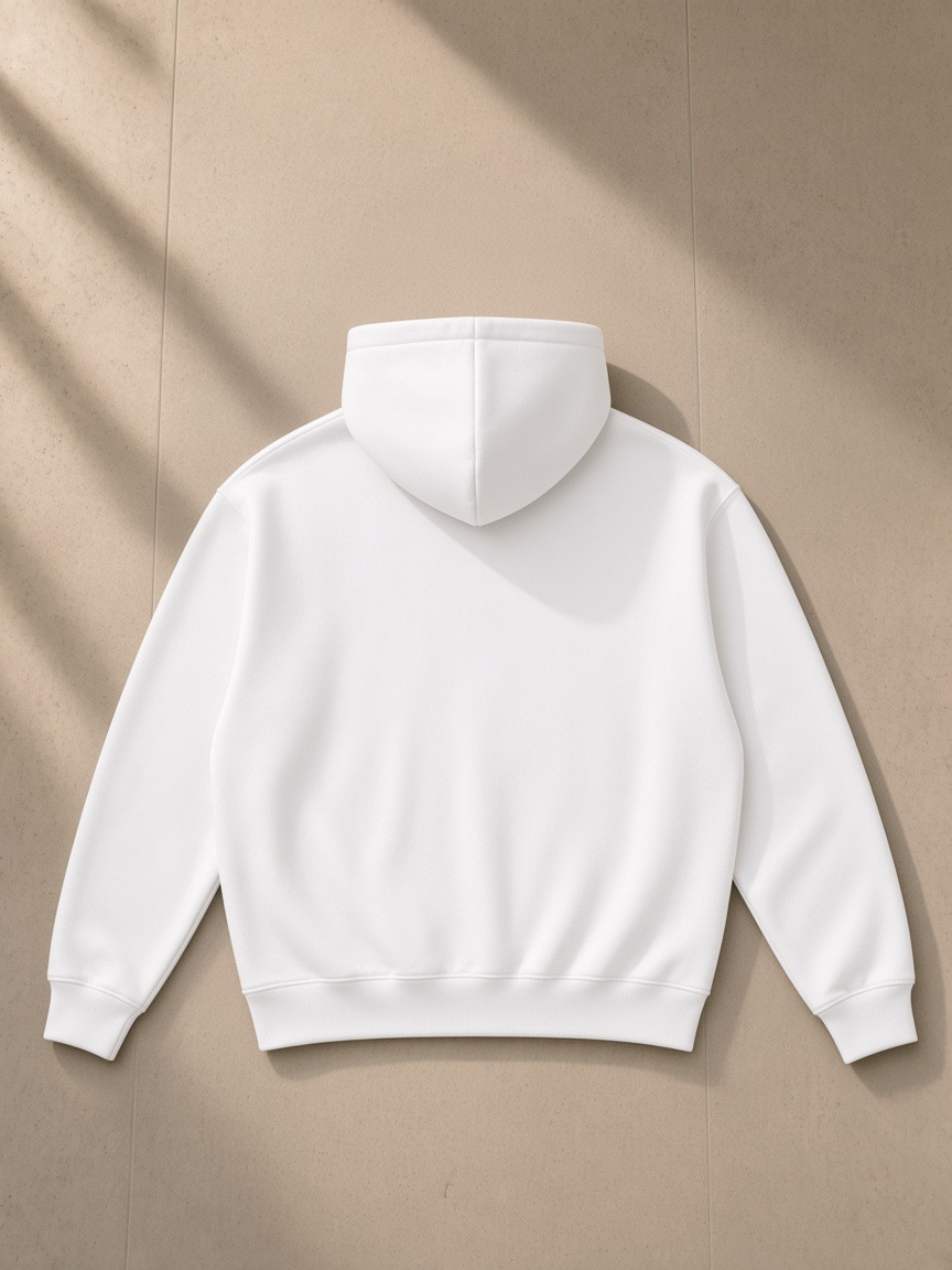 Unisex heavyweight boxy fleece hoodie in White, back view on white. Marcel Afters