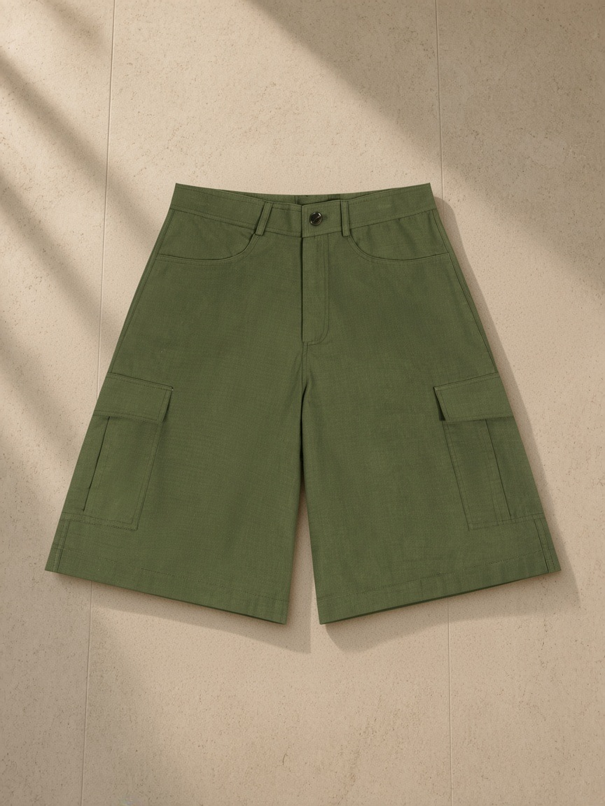 Woven cargo shorts in Army Green, laid flat on pale limestone