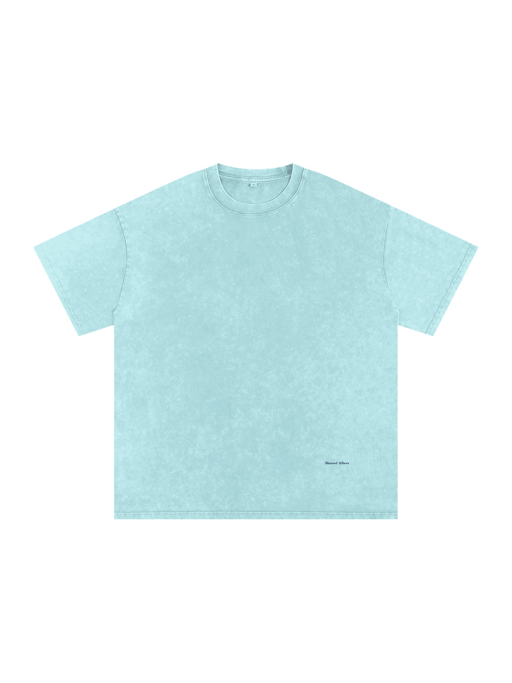 Unisex snow washed oversized cotton t-shirt in Water Blue, front view on white. Marcel Afters