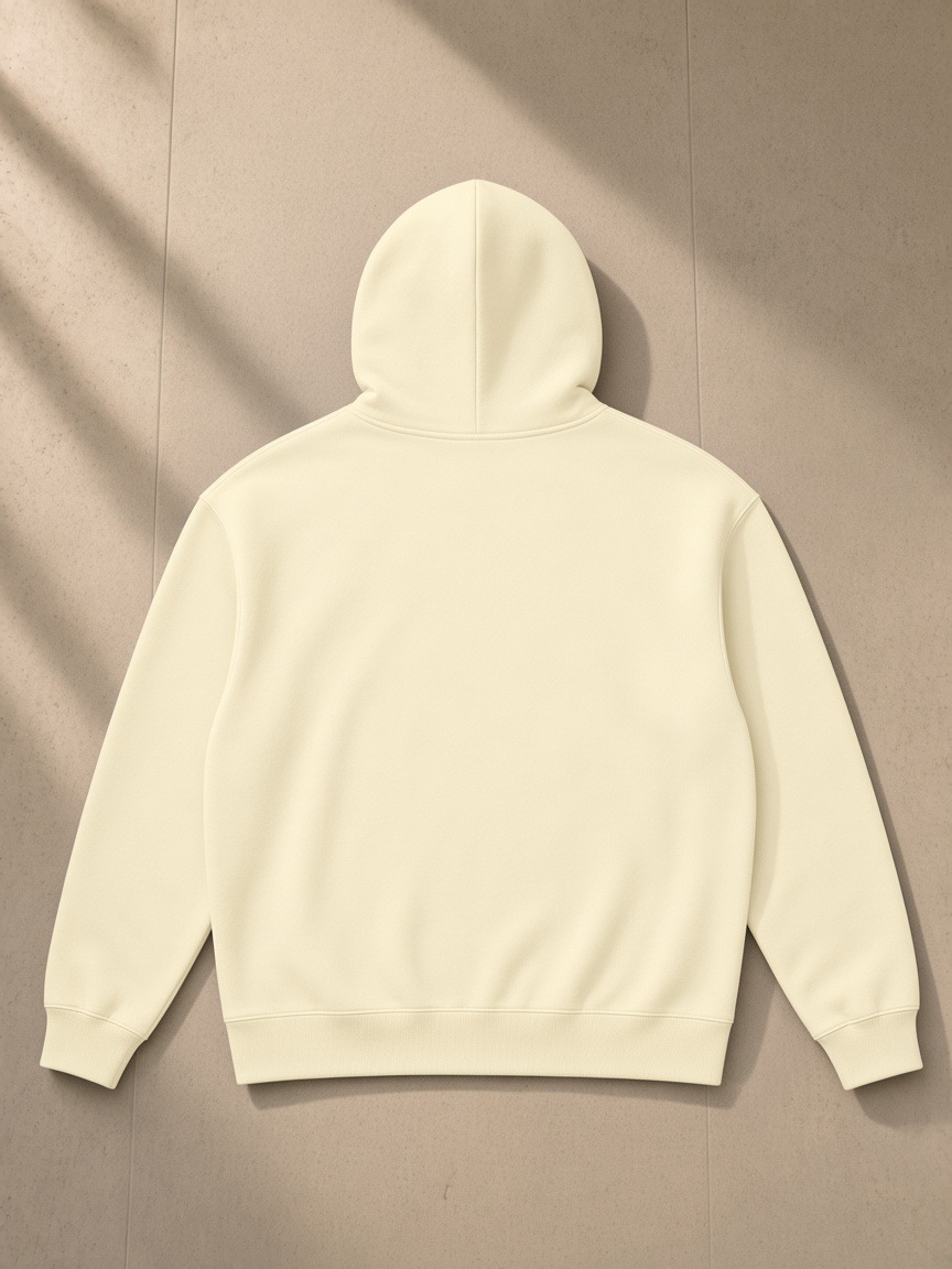 Heavyweight pullover hoodie in Apricot, laid flat on pale limestone, back view
