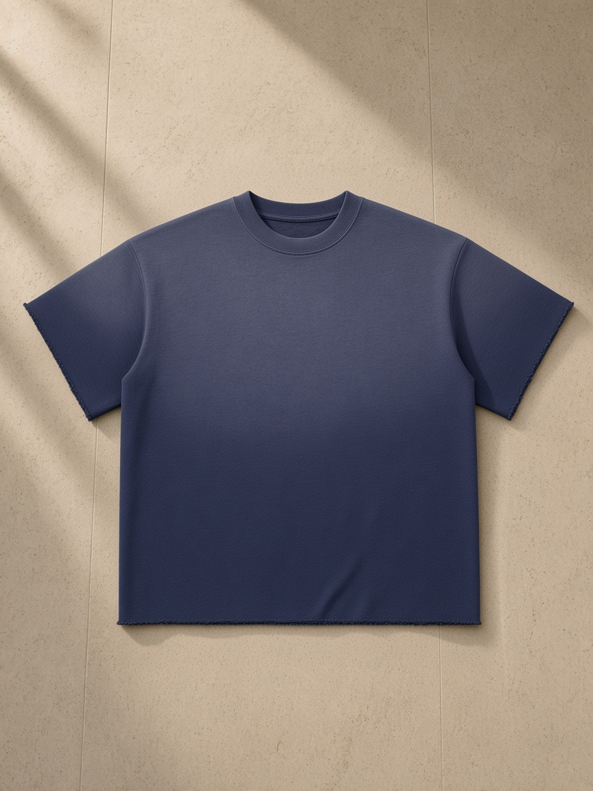 Women's sun fade raw edge t-shirt in Navy Blue, laid flat on pale limestone