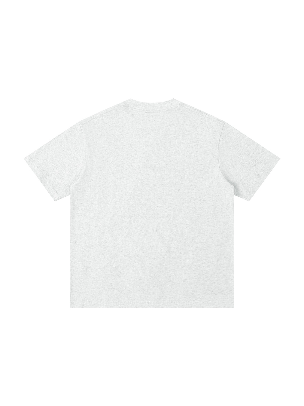 Unisex loose drop shoulder t-shirt in Flower Gray, back view on white. Marcel Afters
