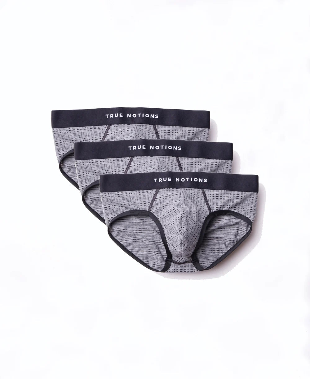 True Notions Tartan Briefs 3-Pack in Grey, laid flat — Marcel Afters