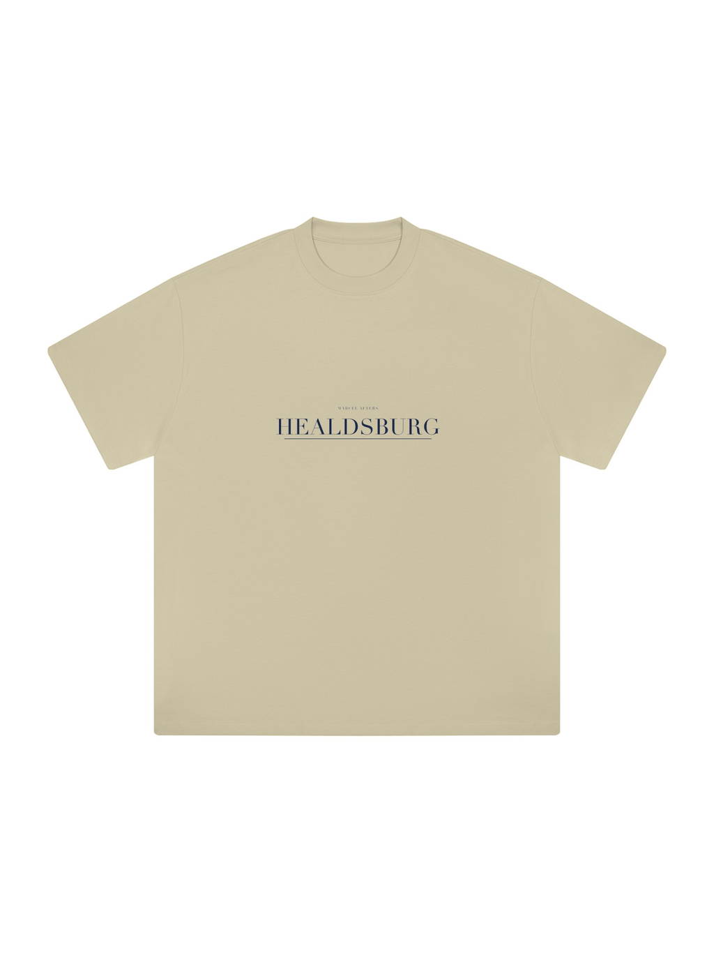 Healdsburg Heavyweight Drop Shoulder T-Shirt by Marcel Afters in Pale Khaki, front view with the printed artwork, on white