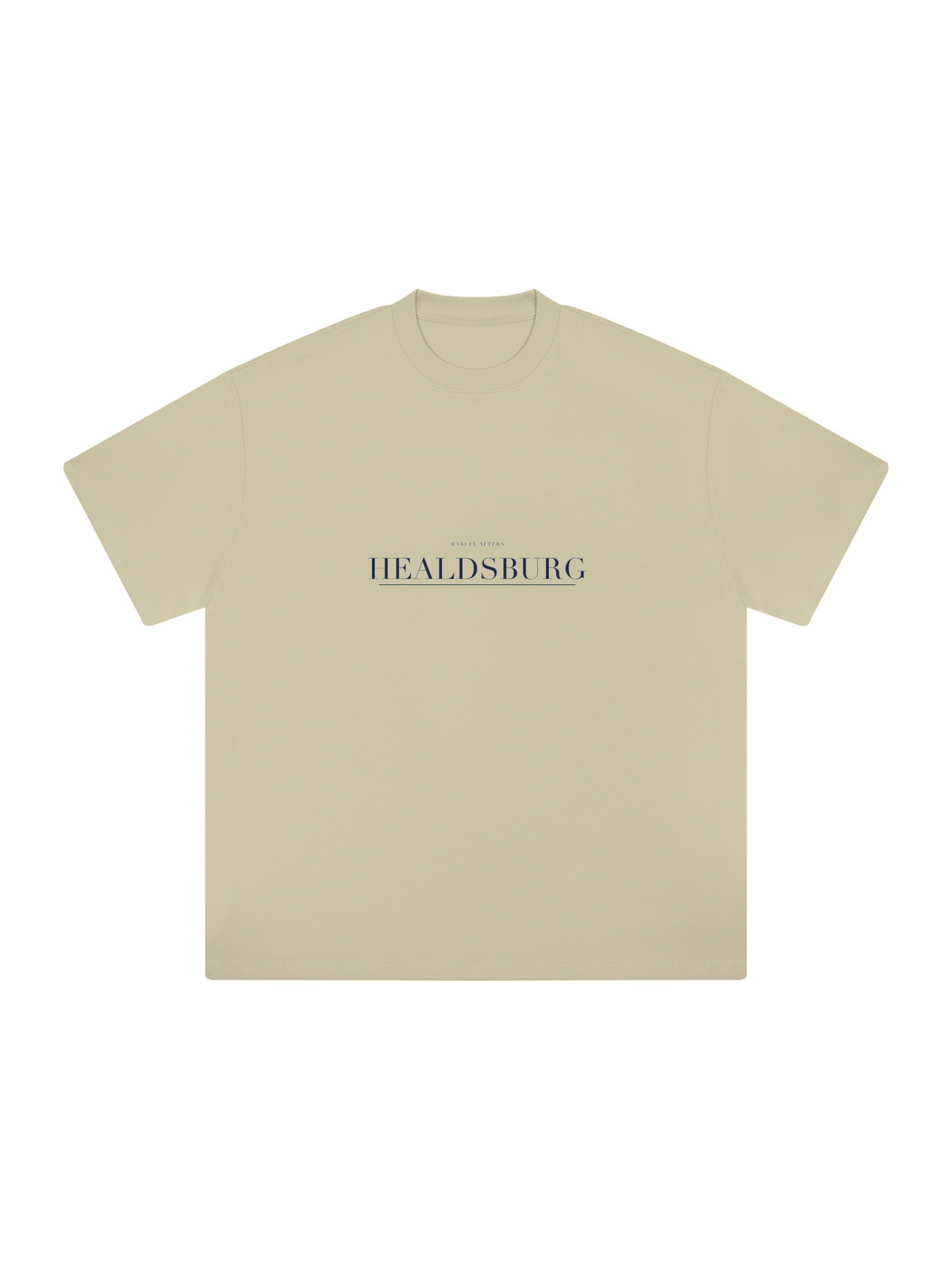 Healdsburg Heavyweight Drop Shoulder T-Shirt by Marcel Afters in Pale Khaki, front view with the printed artwork, on white