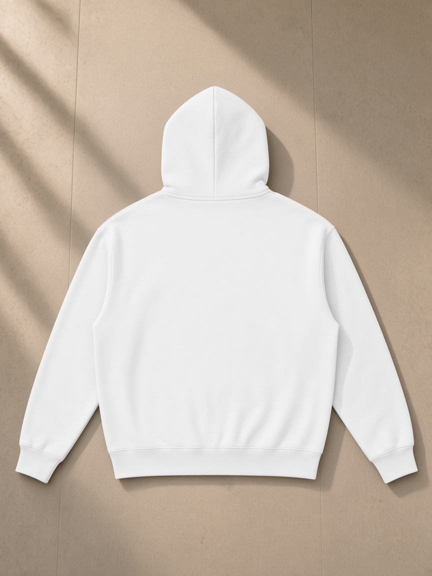 Essential heavyweight hoodie in White, laid flat on pale limestone, back view