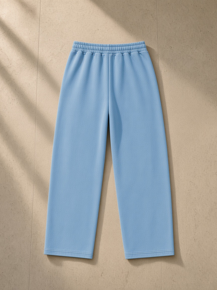 Vintage wash barrel leg fleece sweatpants in Light Blue, laid flat on pale limestone, back view