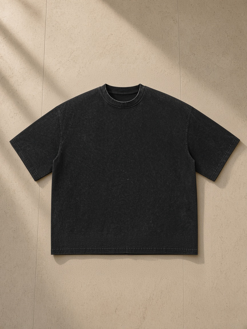 Vintage Wash Boxy T-Shirt in Black, laid flat on pale limestone
