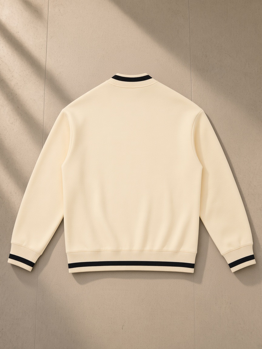Contrast Piping Zip Bomber Jacket in Apricot, laid flat on pale limestone, back view