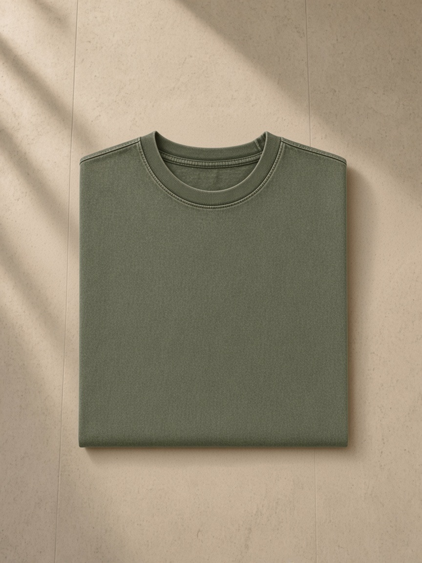 Men's Snow Washed Heavyweight Oversize T-Shirt in Green, folded on pale limestone, detail.