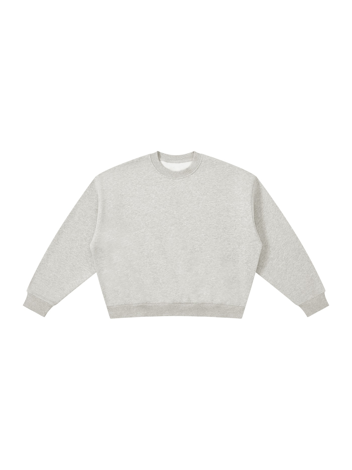 Boxy Fleece Crewneck Sweatshirt in Flower Gray, laid flat on pale limestone, front.