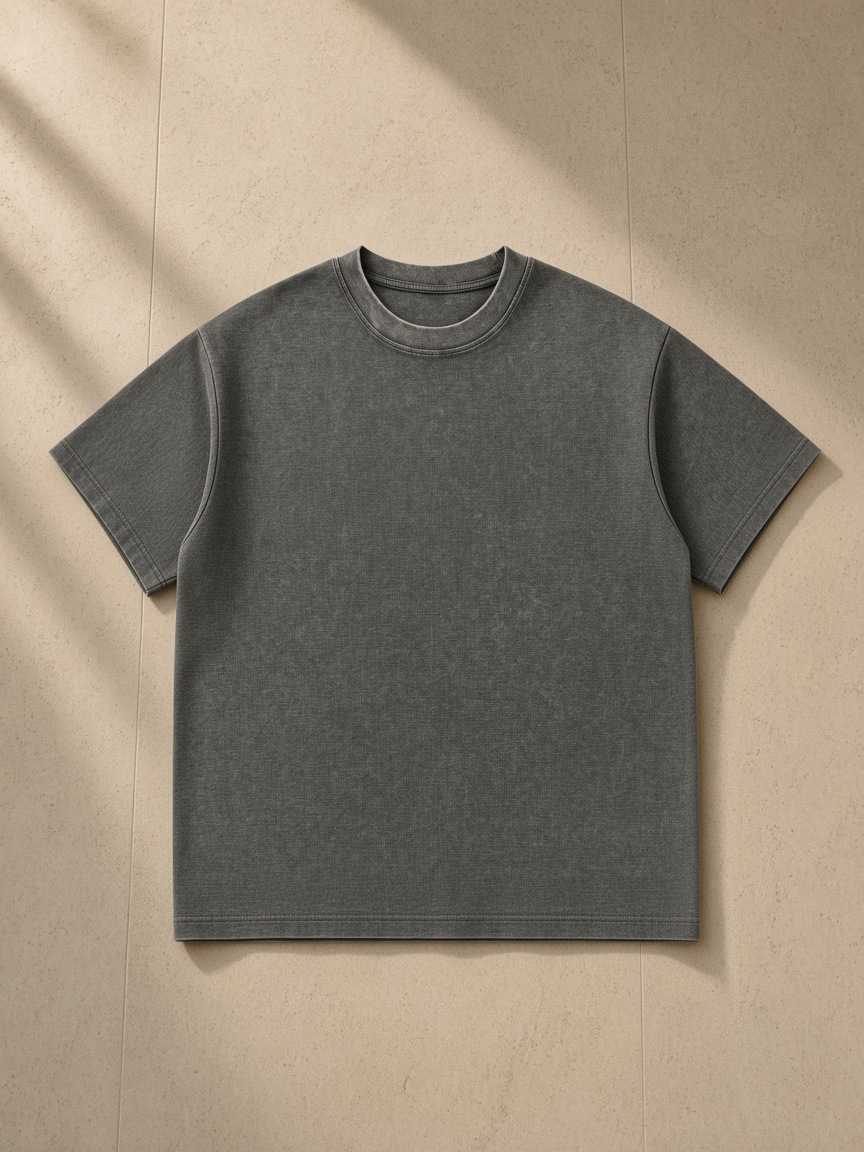 Mineral Wash Waffle Knit T-Shirt in Gray, laid flat on pale limestone