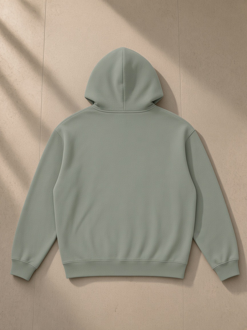 Streetwear Fleece Hoodie in Grayish Green, laid flat on pale limestone, back view