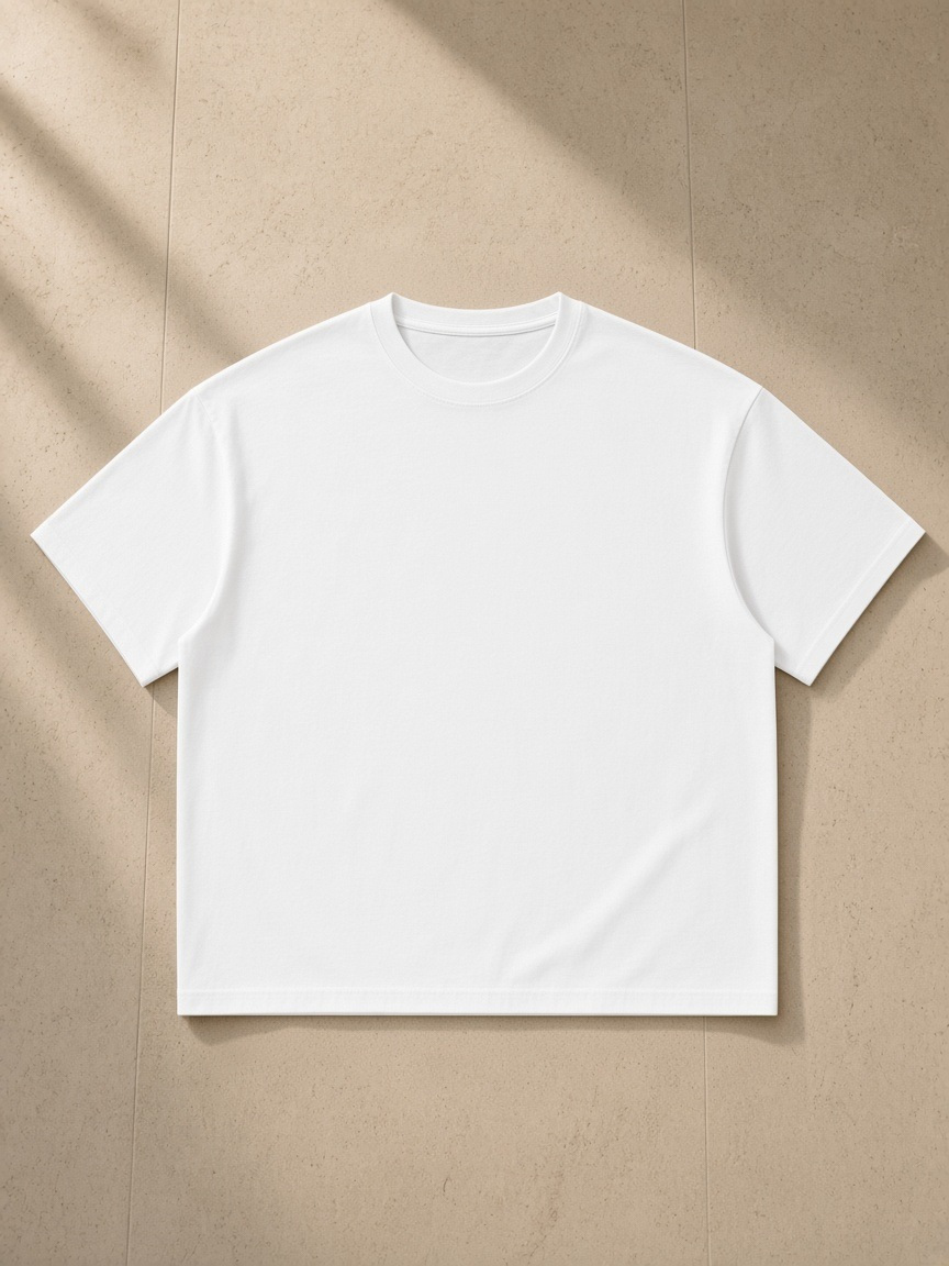 Unisex boxy Coolmax t-shirt in White, laid flat on pale limestone