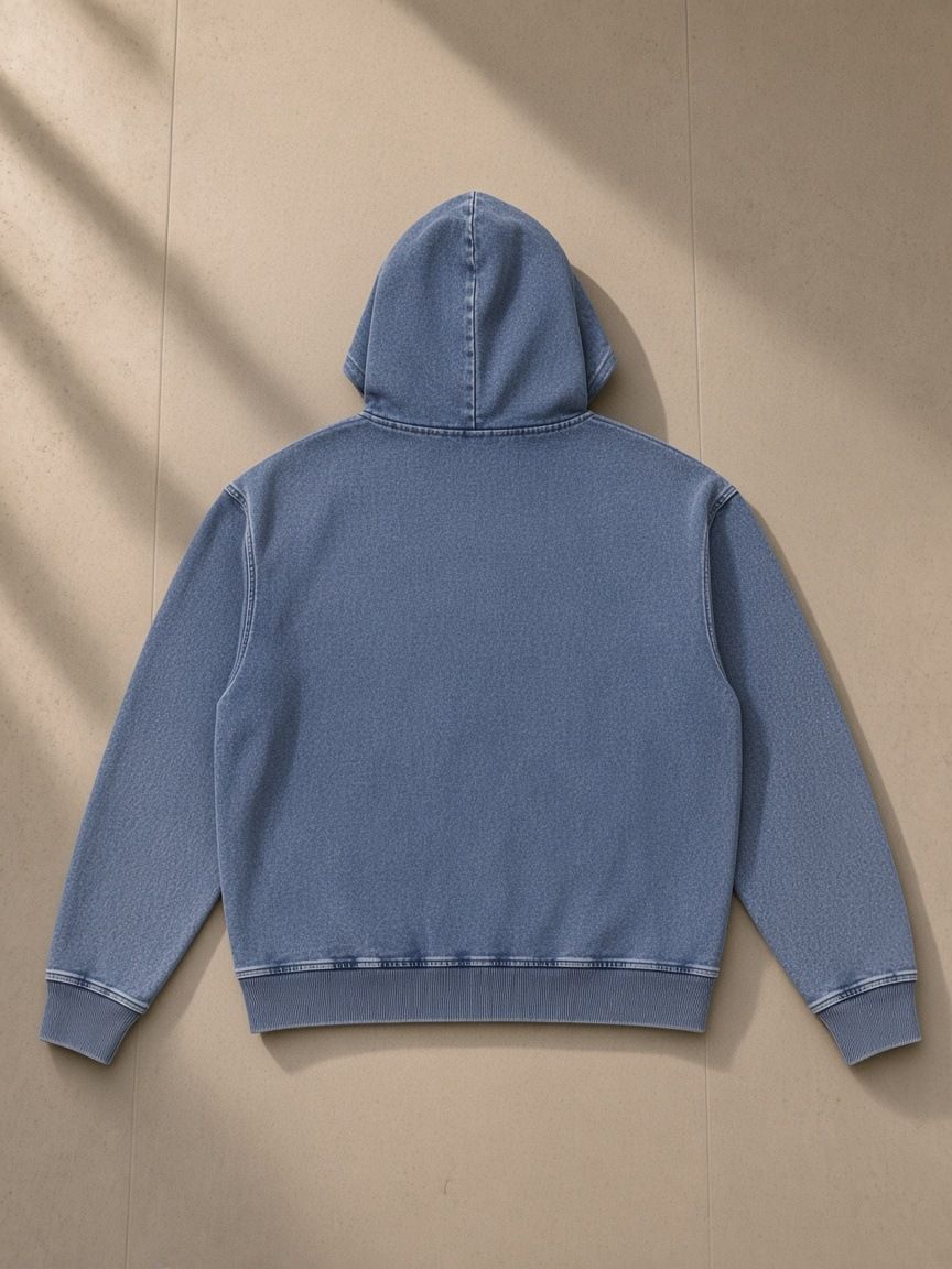 Unisex snow wash oversized zip-up hoodie in Light Blue, laid flat on pale limestone, back view