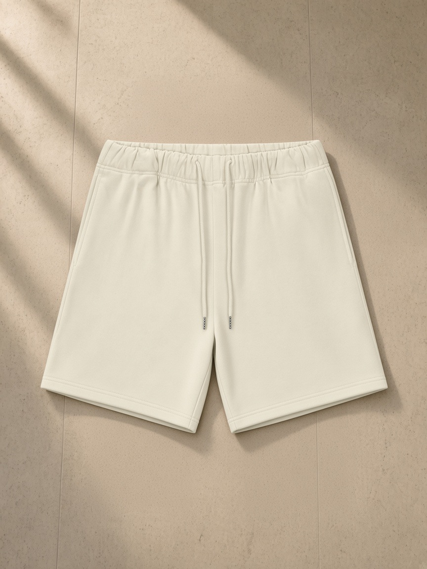 Heavyweight fleece loose fit shorts in Bone, laid flat on pale limestone