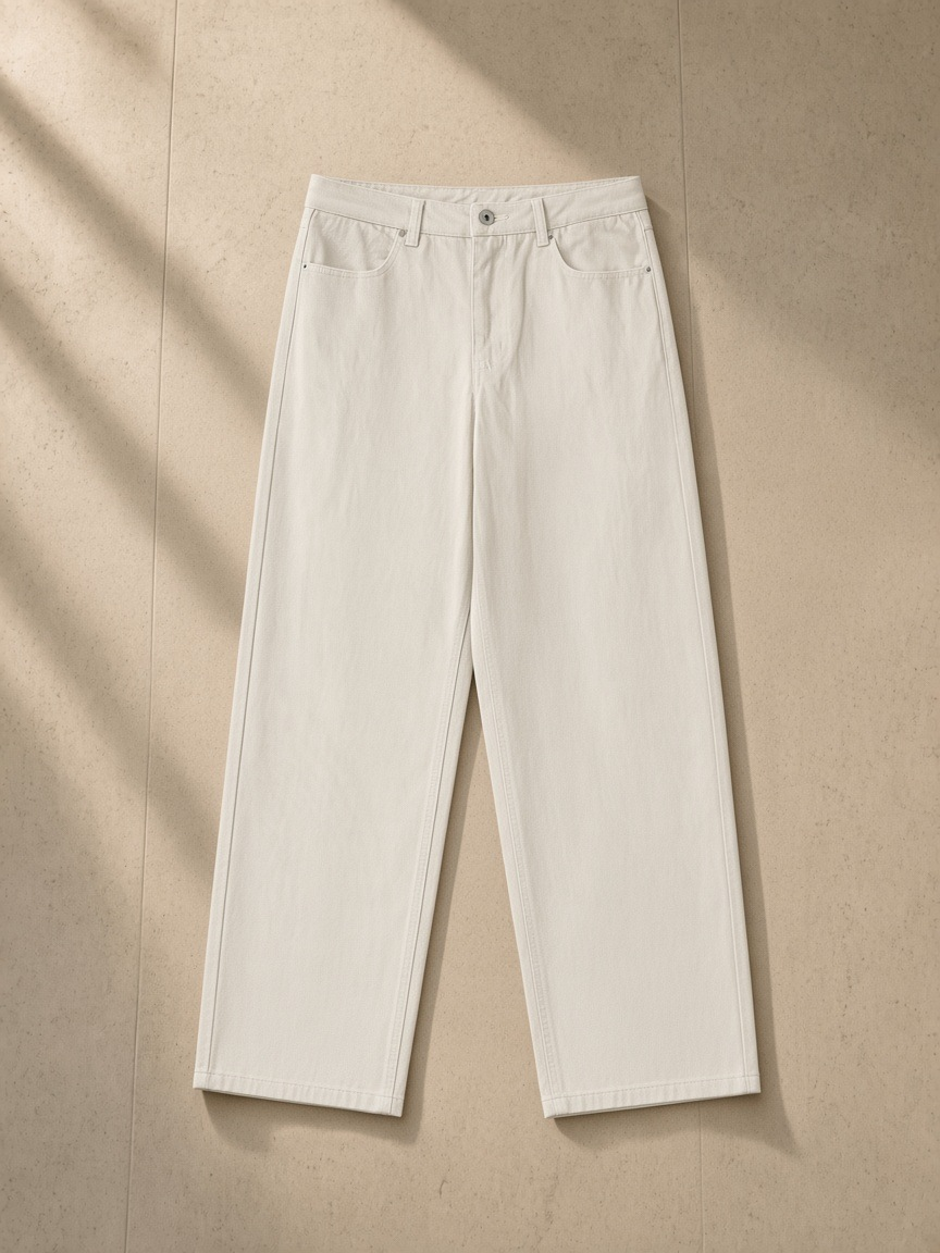 Heavyweight Straight-Leg Trousers in Pale Khaki, laid flat on pale limestone
