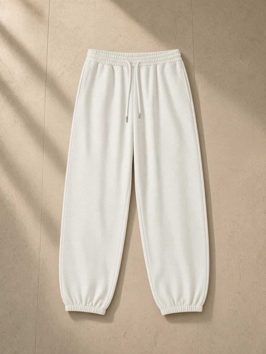 Essential Jogged Sweatpants in Oat Gray, laid flat on pale limestone