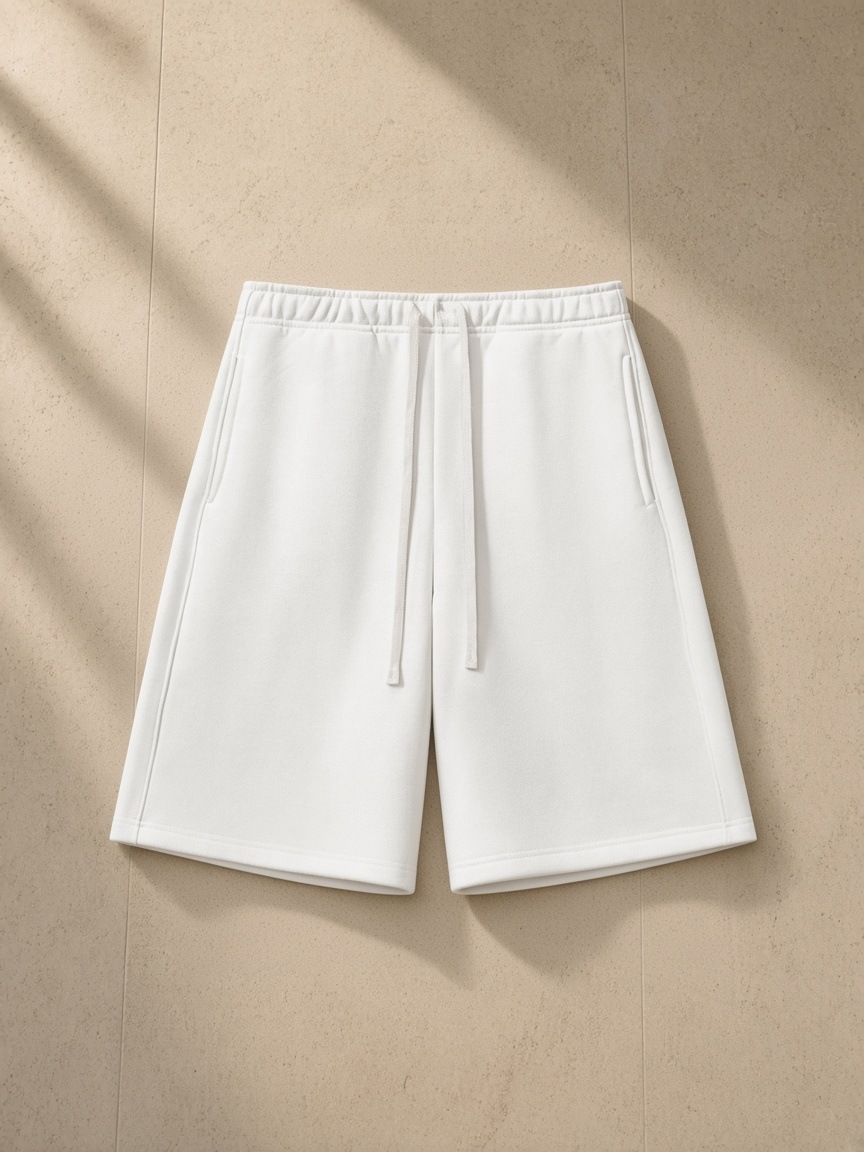 Essential heavyweight fleece shorts in White, laid flat on pale limestone