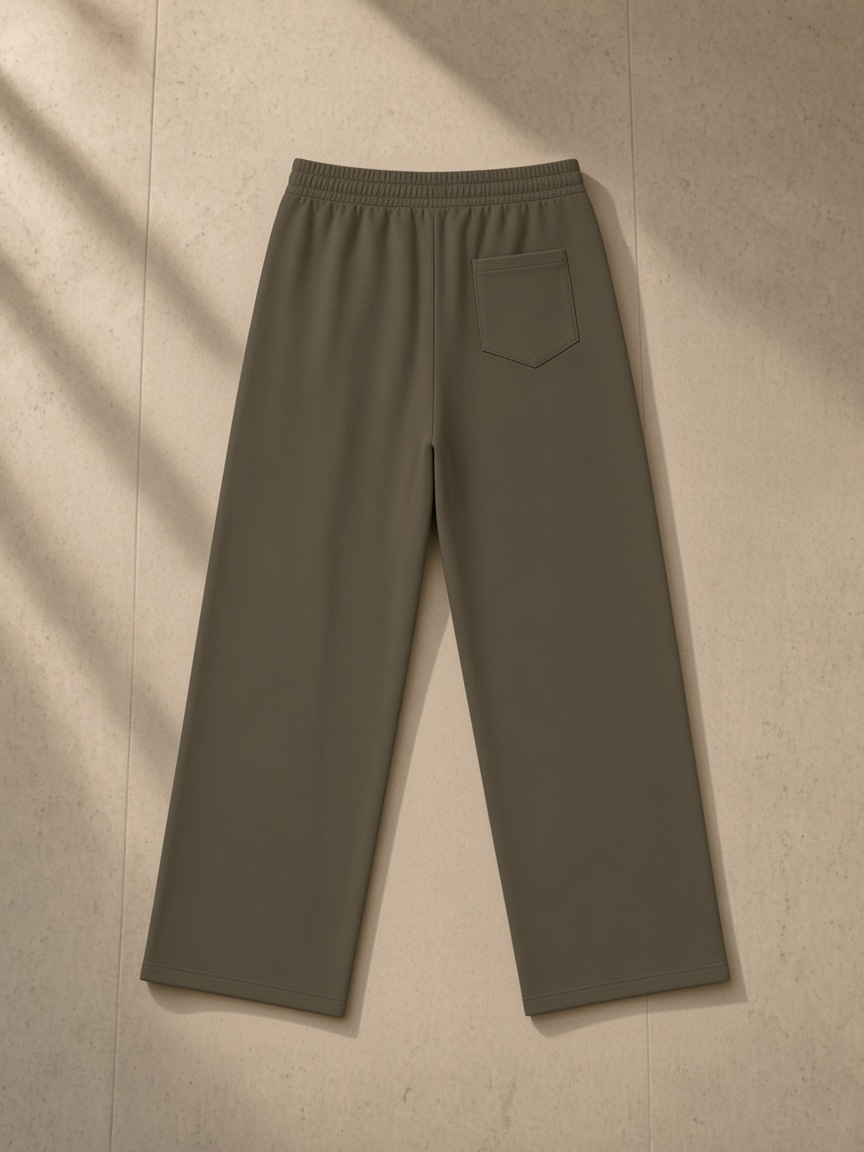 Straight Leg Sweatpants in Coffee, laid flat on pale limestone, back.