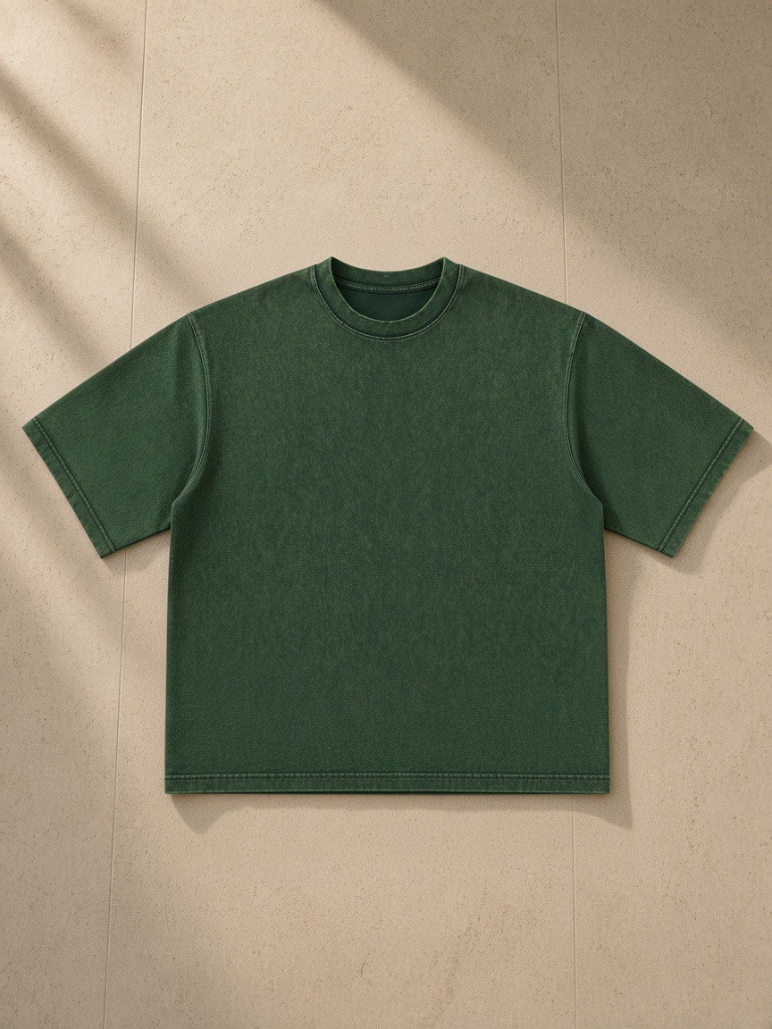 Women's Heavyweight Mineral Wash Boxy T-Shirt in Dark Green, laid flat on pale limestone