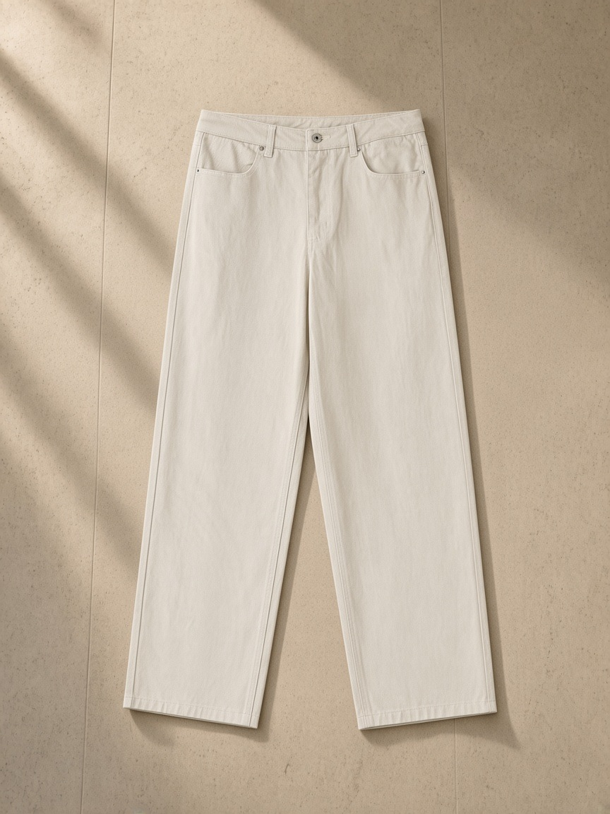 Heavyweight Cotton Straight-Leg Pants in Pale Khaki, laid flat on pale limestone