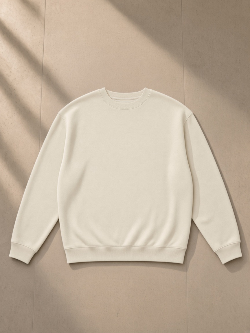 Loose Crewneck Sweatshirt in White Gray, laid flat on pale limestone, front.