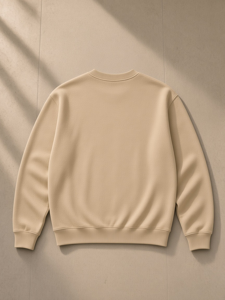 Classic Cotton Sweatshirt in Apricot, laid flat on pale limestone, back view