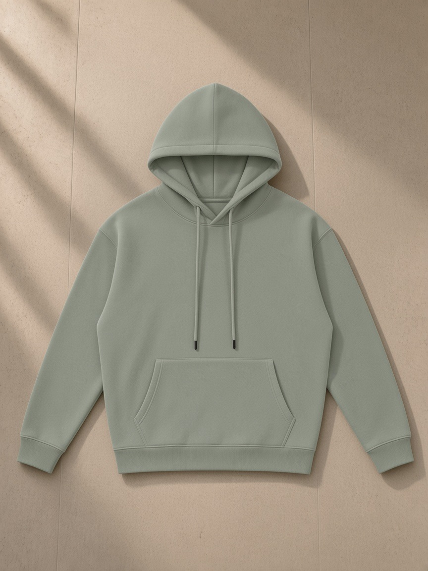 Streetwear Fleece Hoodie in Grayish Green, laid flat on pale limestone