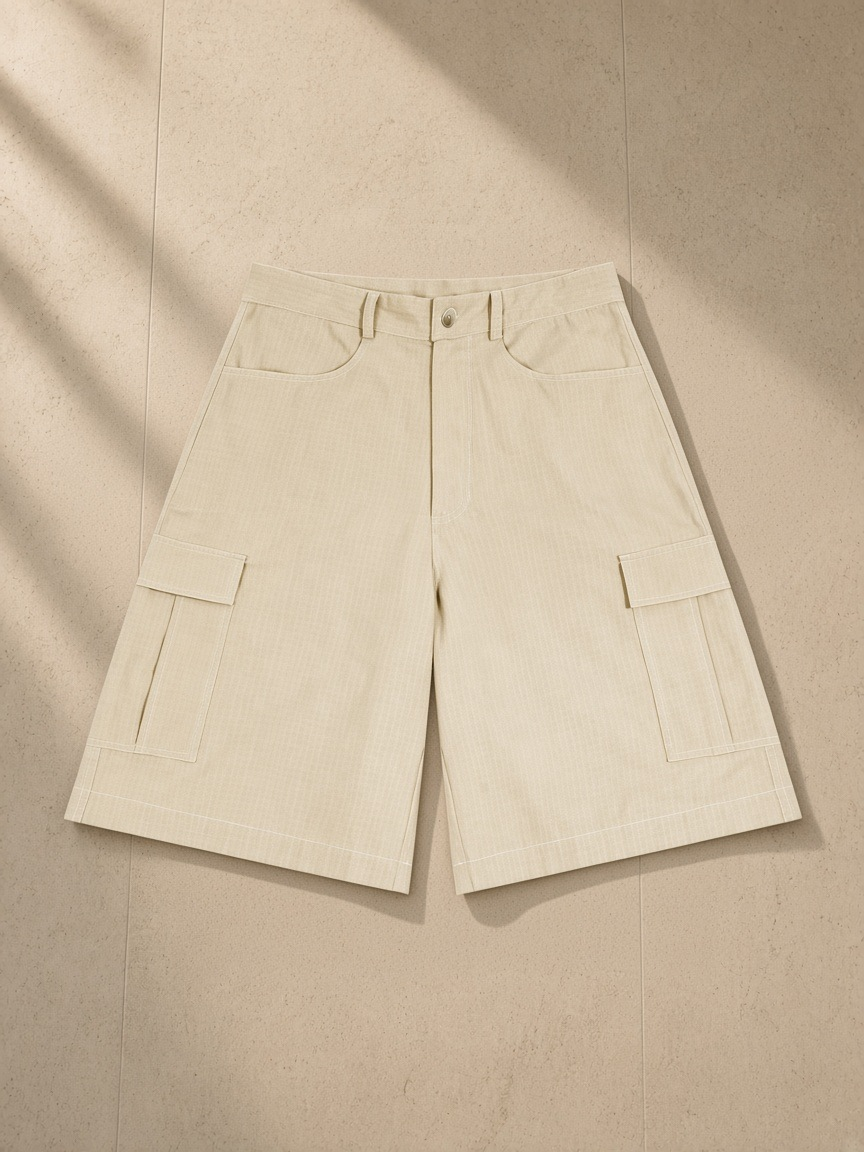 Woven cargo shorts in Apricot, laid flat on pale limestone