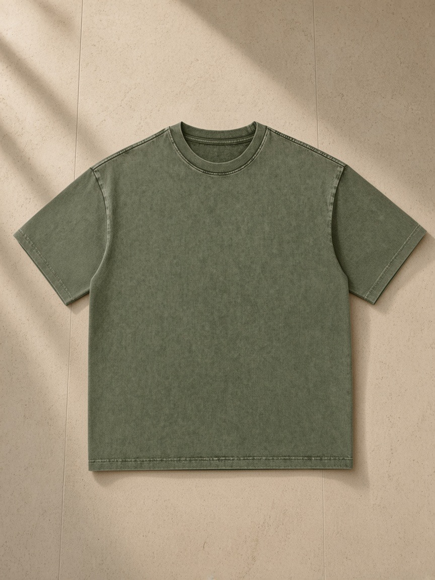 Snow Washed Heavyweight Oversize T-Shirt in Green, laid flat on pale limestone