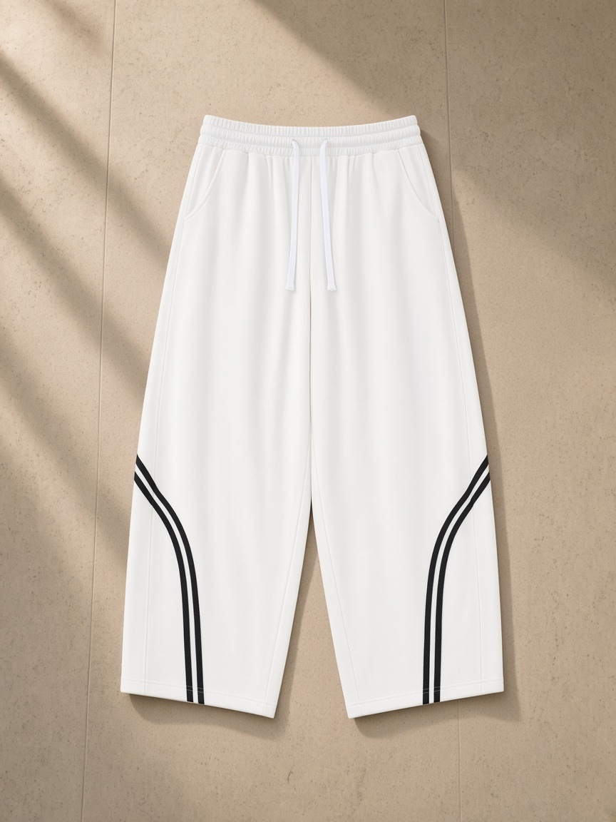 Wide Leg Piping Sweatpants in White, laid flat on pale limestone
