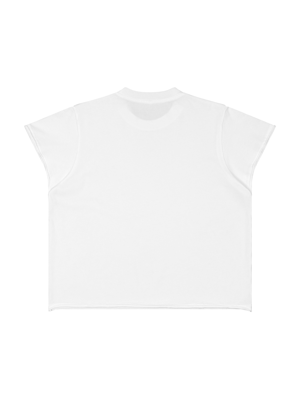 Unisex boxy raw edge t-shirt in White, back view on white. Marcel Afters