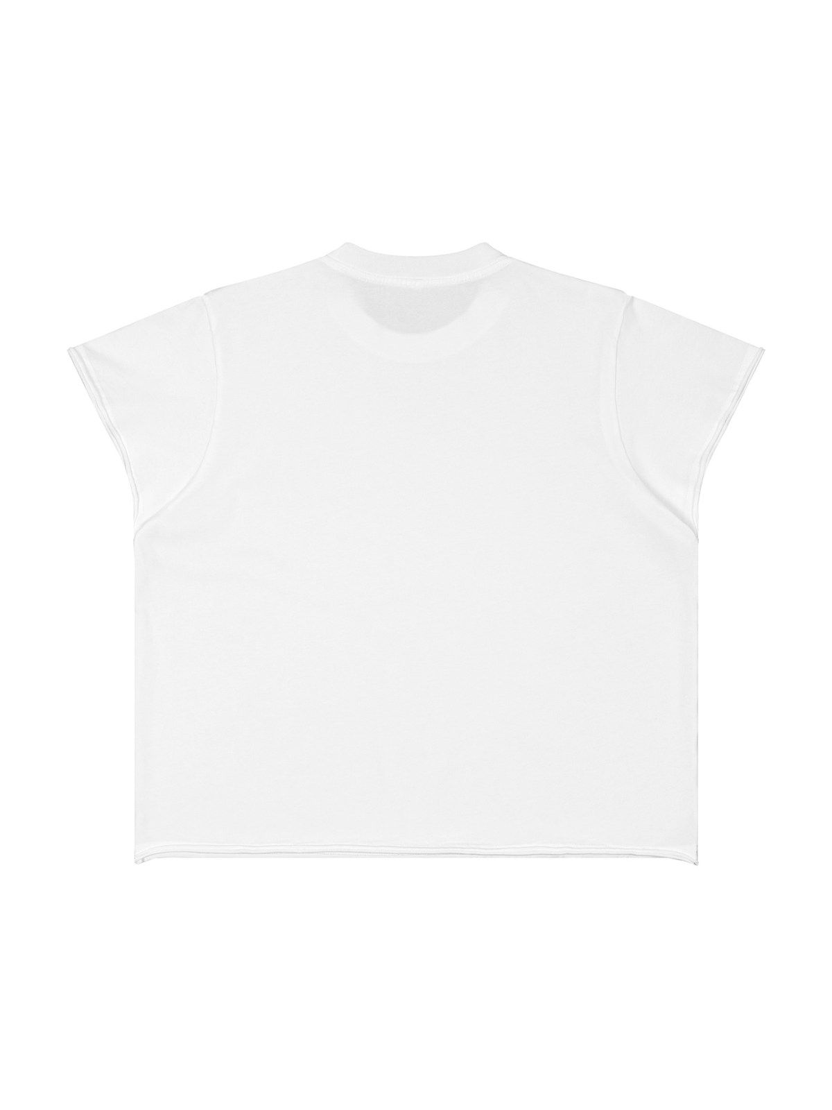 Unisex boxy raw edge t-shirt in White, back view on white. Marcel Afters