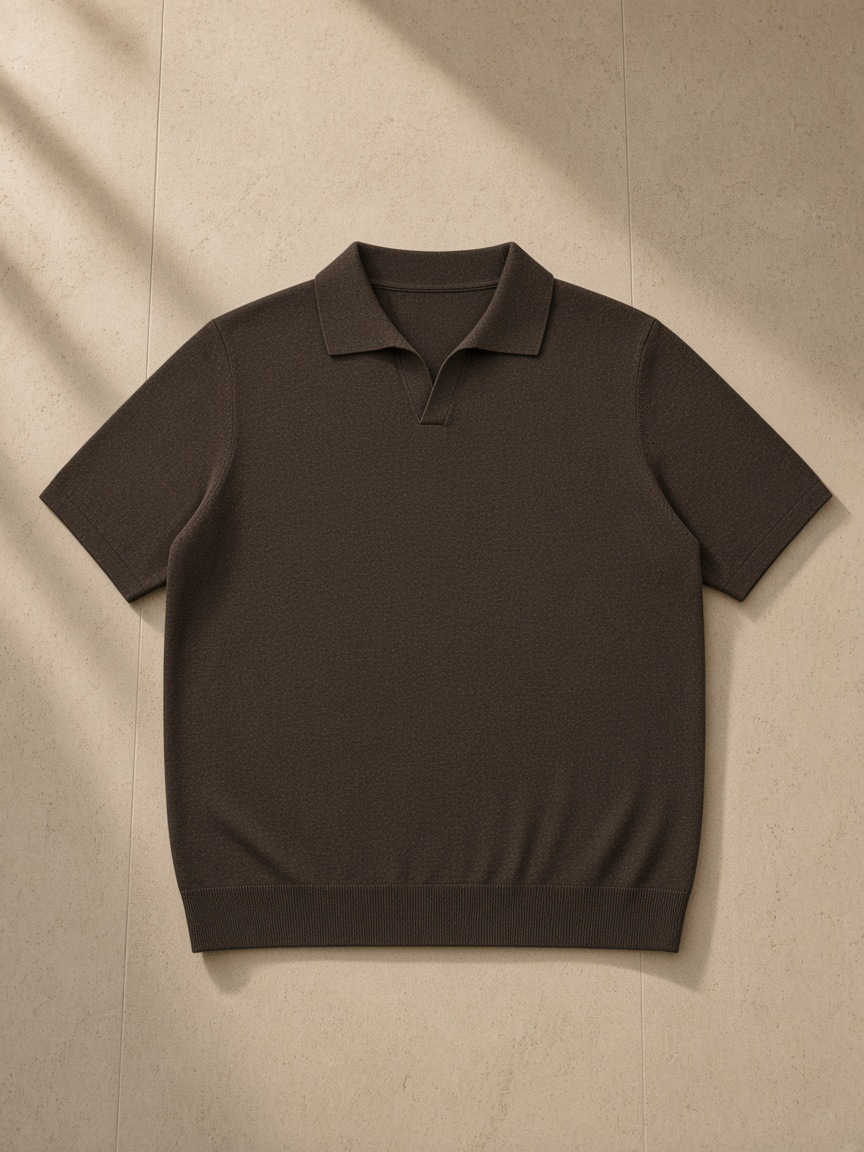 Unisex Heavyweight Oversized Polo Shirt in Dark Brown, laid flat on pale limestone