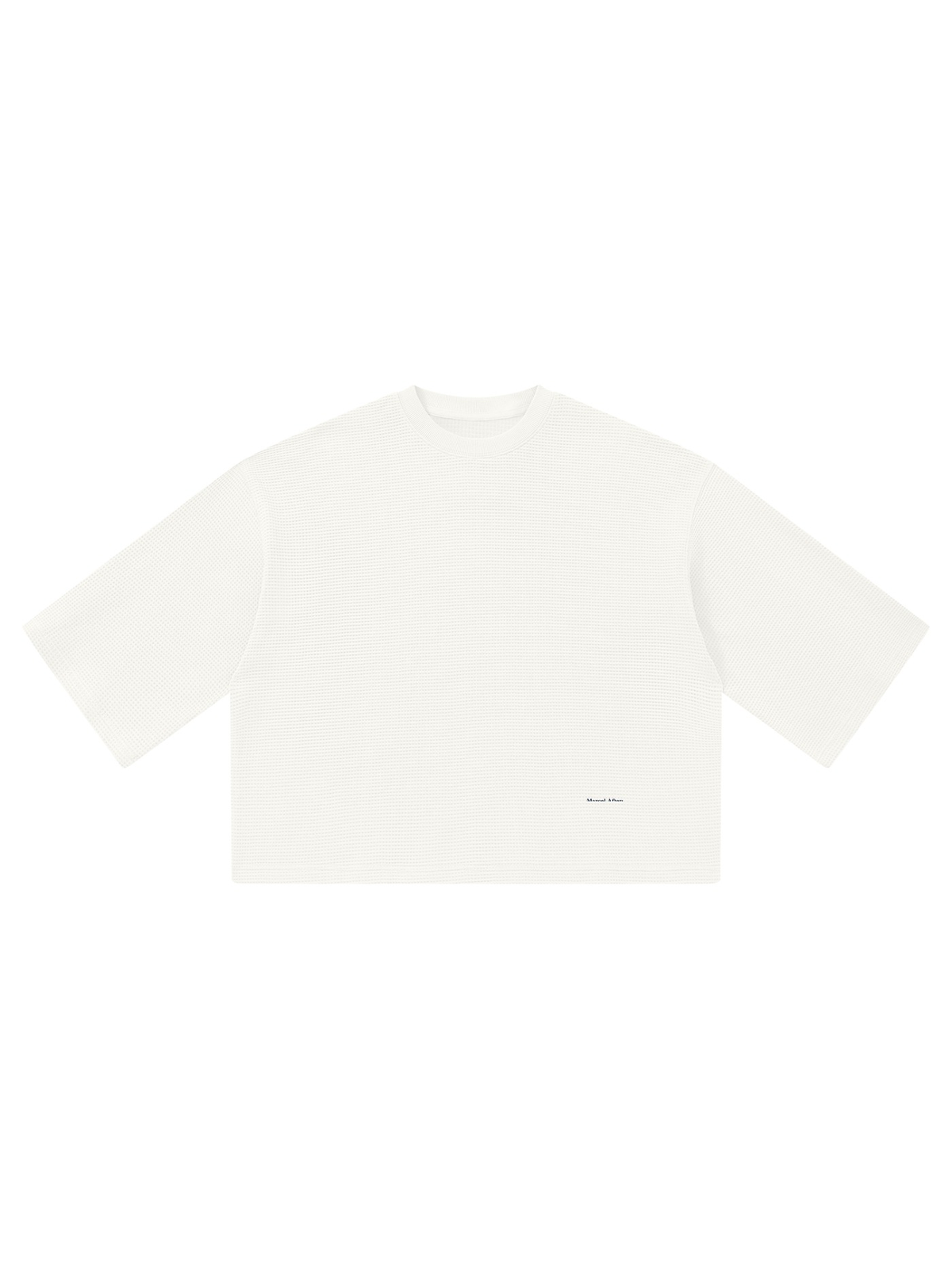 Unisex waffle boxy t-shirt in White, front view on white. Marcel Afters