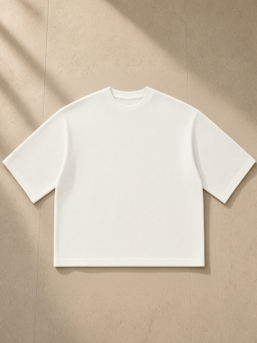 Unisex waffle boxy t-shirt in White, laid flat on pale limestone