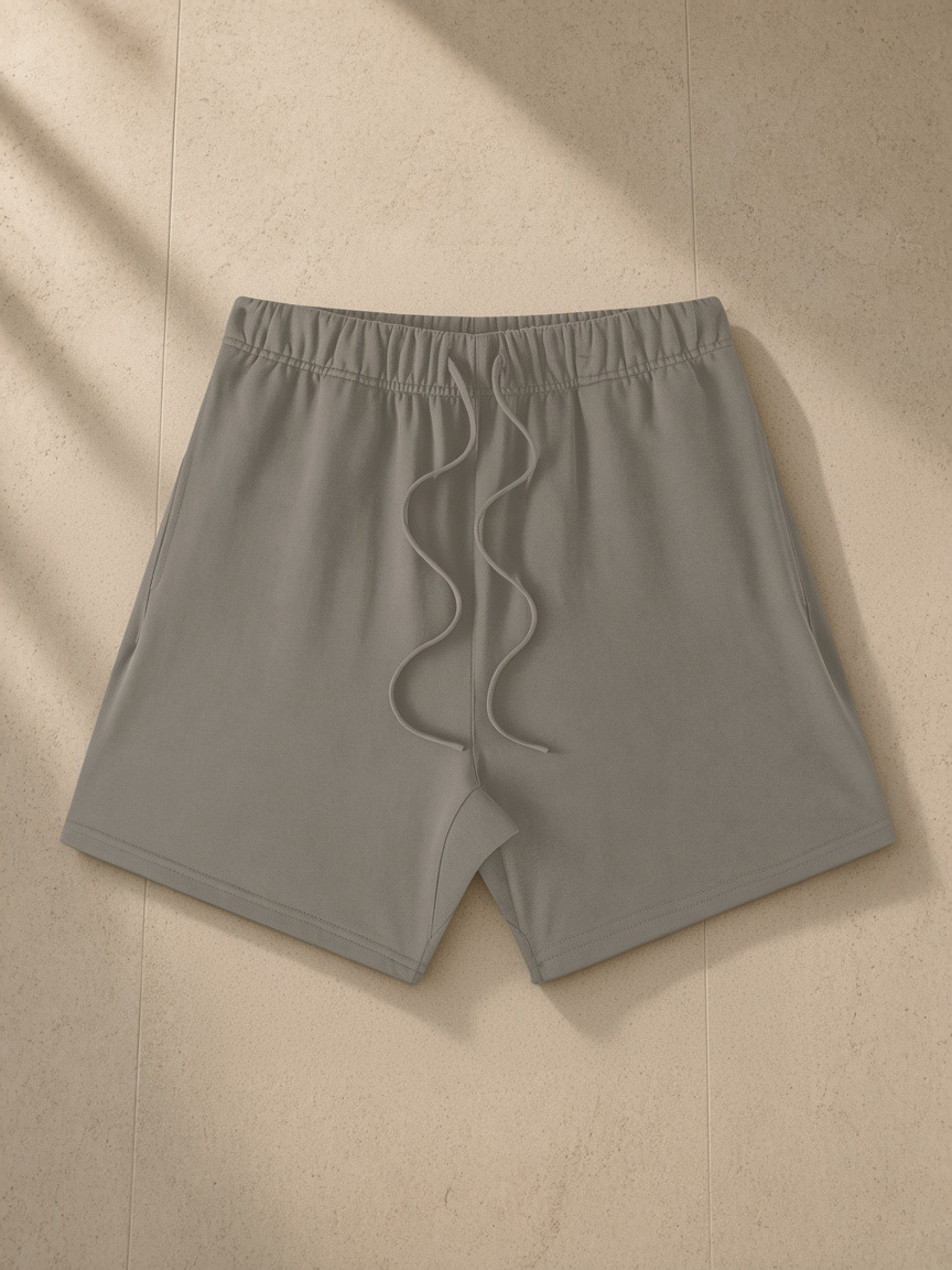 Earth Tone Loose Fit Cotton Shorts in Gray Camel, laid flat on pale limestone