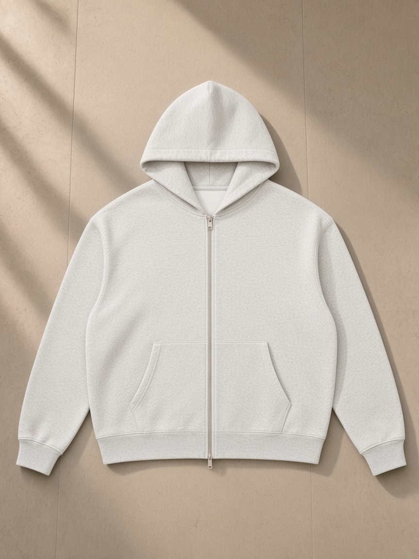 Front of the Oat Gray Men's Heavyweight Full Zip Hoodie, laid flat
