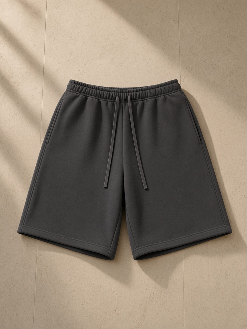 Essential heavyweight fleece shorts in Charcoal Gray, laid flat on pale limestone