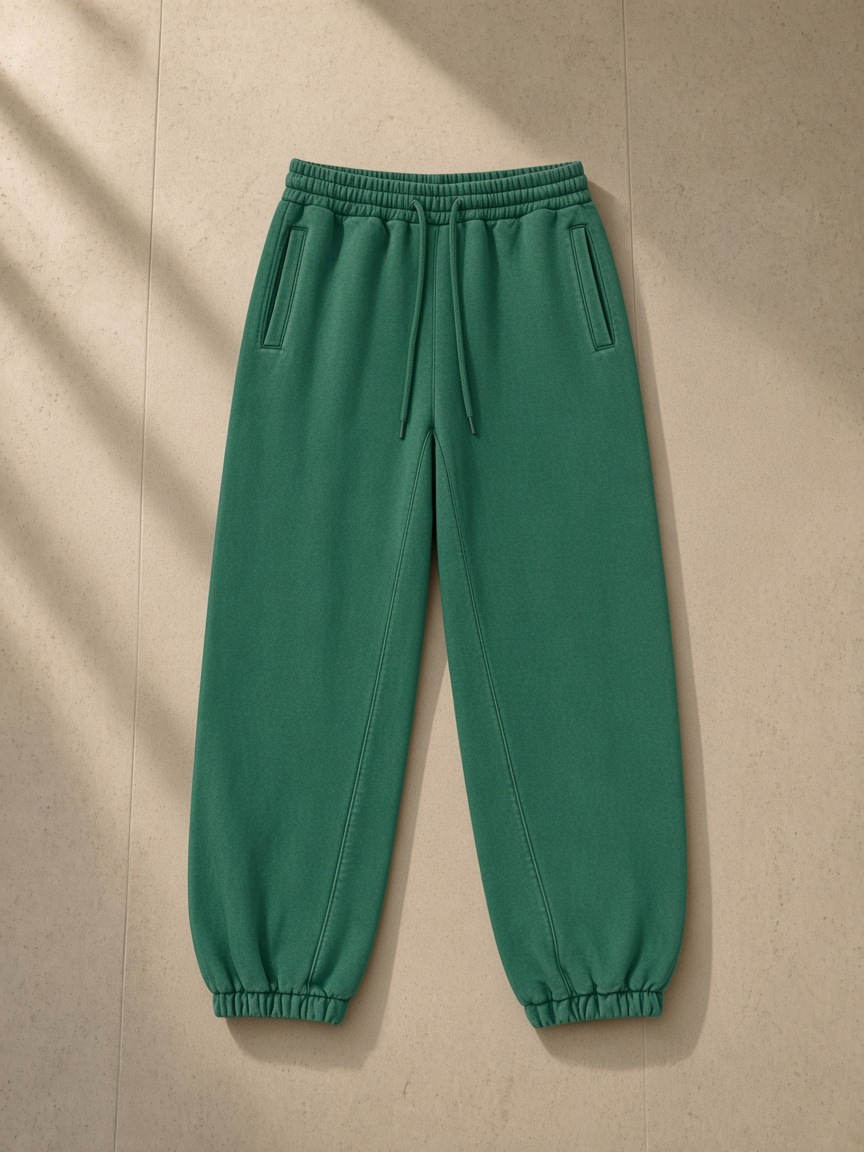 Fleeced Jogger Sweatpants in Dark Green, laid flat on pale limestone