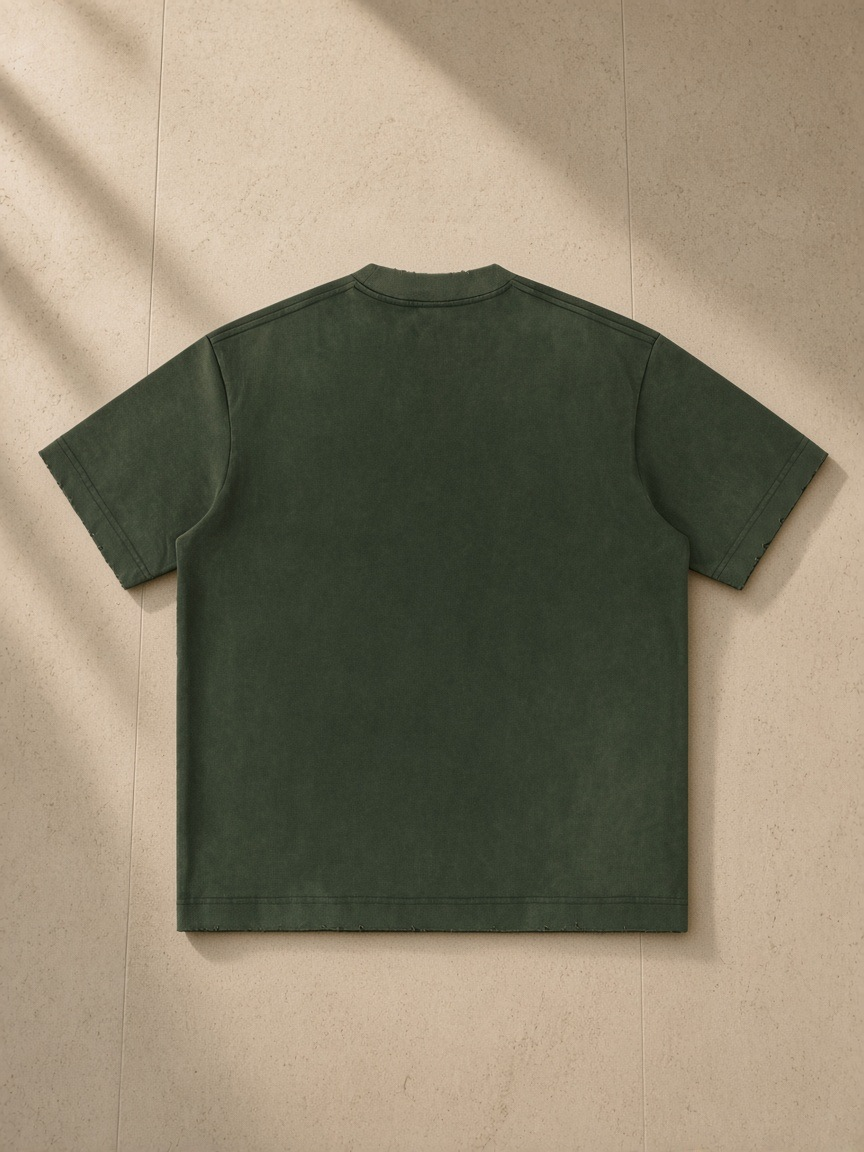 Men's Heavyweight Vintage Washed Frayed T-Shirt in Army Green, laid flat on pale limestone, back.