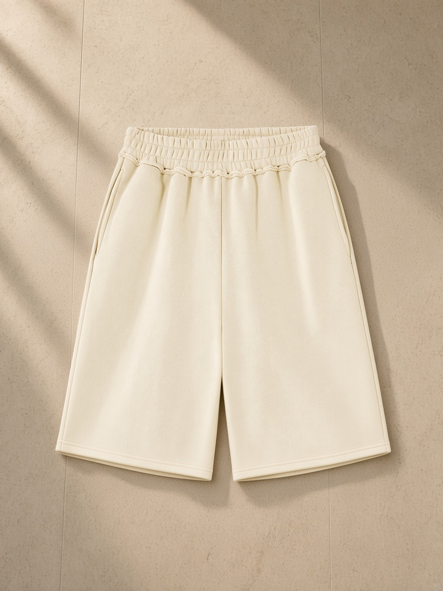 Raw edge fleece shorts in Apricot, laid flat on pale limestone