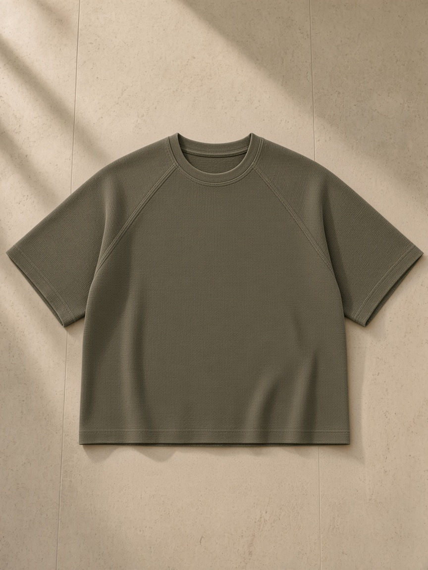 Unisex mineral wash boxy waffle t-shirt in Army Green, laid flat on pale limestone